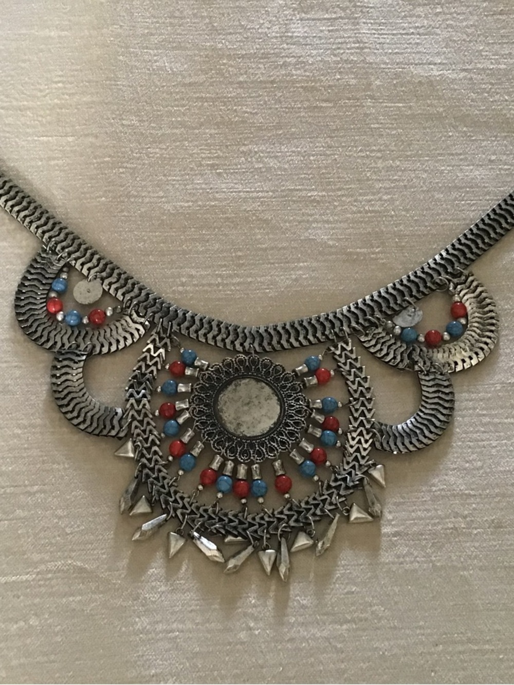 Statement Red & Turquoise Colored Beaded Silver-Tone Bib Necklace - Picture 3 of 6